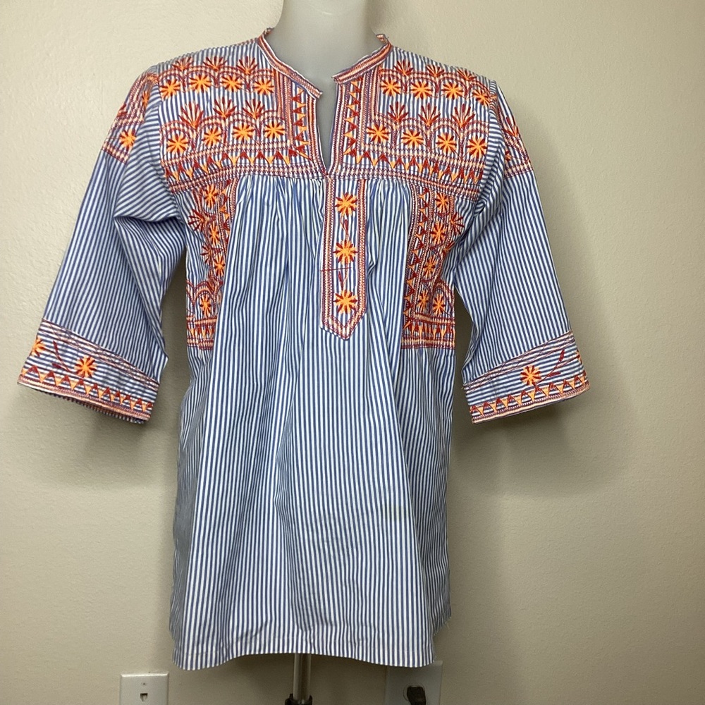 Mi Golondrina Blue Striped Tunic Orange Embroidery 3/4 Sleeves XS